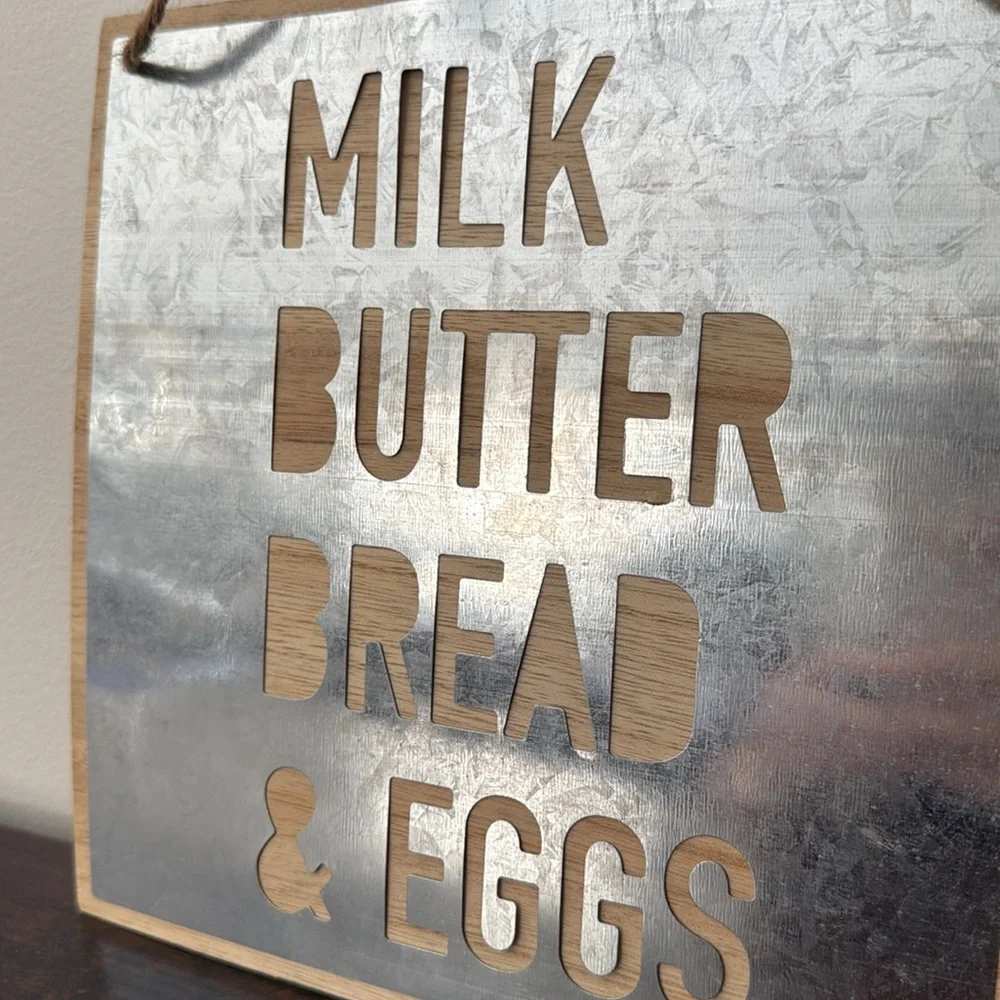Milk Butter Bread Eggs Rustic Farmhouse Metal Wood Kitchen Wall Decor Sign Art